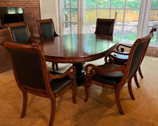 PRESALE Henredon 52” Round pedestal table with star inlay detail. Shown with 22” leaf to make it an oval. Set of 6 North Carolina faux leather with nailhead trim scroll armchairs