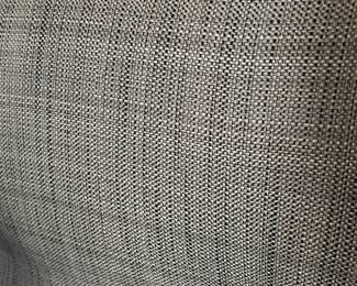 Restoration Hardware upholstered wing back queen bed in menswear style fabric with nailhead trim