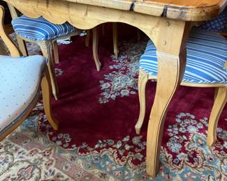 PRESALE Custom French Country pine dining table with scalloped apron and cabriole legs. 97 x 44 + Set of 8 chairs – 2 arm and 6 side. Coordinating blue and white upholstery. 21w x 37h