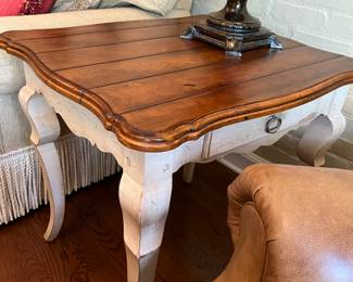 Century furniture French country side table with drawer, planked walnut top, painted cream base. 28 x 24 x 25h