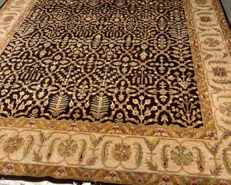 Large 9x12 100% wool rug beige and dark brown with blue & rose floral accents