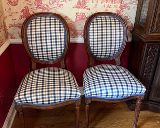 Pair of 2 Century side chairs – blue & white plaid upholstery. 38h x 19w seat