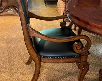 PRESALE Henredon 52” Round pedestal table with star inlay detail. Shown with 22” leaf to make it an oval. Set of 6 North Carolina faux leather with nailhead trim scroll armchairs