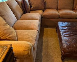 PRESALE Century sectional sofa- 2 piece, left-facing is 107L x 38d x 30h, right facing is 68l x 38d x 30h. Golden beige tone with red thread in the weave.