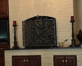 metal fire screen & tall candlesticks