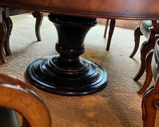 PRESALE Henredon 52” Round pedestal table with star inlay detail. Shown with 22” leaf to make it an oval. Set of 6 North Carolina faux leather with nailhead trim armchairs