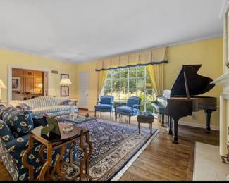 Blue, white, & yellow living room furnishings
