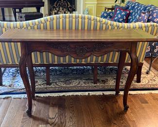 French country wood console table w/ carved scallop apron and legs. 54w x 16d x 30h