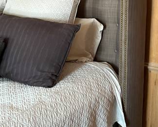 Restoration Hardware upholstered wing back queen bed in menswear style fabric with nailhead trim