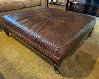 PRESALE Lillian August square leather ottoman on casters, some edge distress from normal use. 42” sq