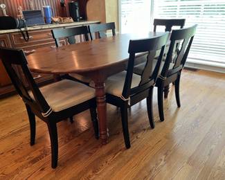 PRESALE Oval pine table 35w x 78l x 30h + Set of 7 Pottery Barn Harvest side chairs in Restored black w/ neutral cushions. 19”w seat