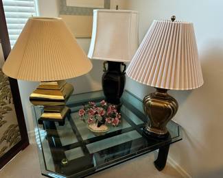 Lamps and large glass coffee table