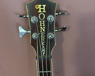 Custom-made 1990s Hohner TWP600B acoustic bass. Pearl inlay of owner's last name.
