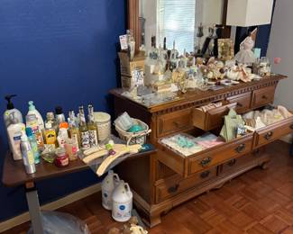 Rolling hospital table and solid wood maple dresser