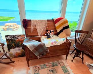 Cedar chest, nice blankets & picnic table with a view!