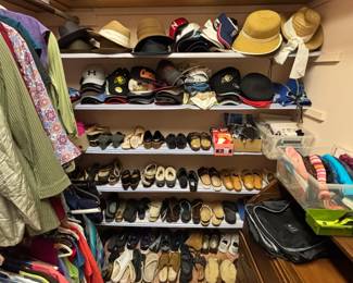 Variety of women's shoes lightly worn size 9. Variety of baseball caps and hats.