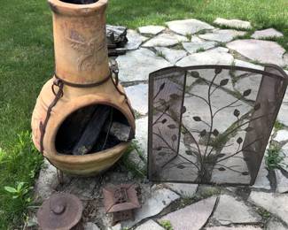 Chiminea fireplace, fireplace screen.