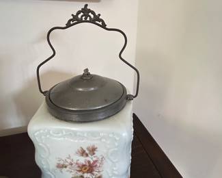 VINTAGE WAVECREST SQUARE BISQUIT JAR MILK GLASS HAND PAINTED METAL LID & HANDLE