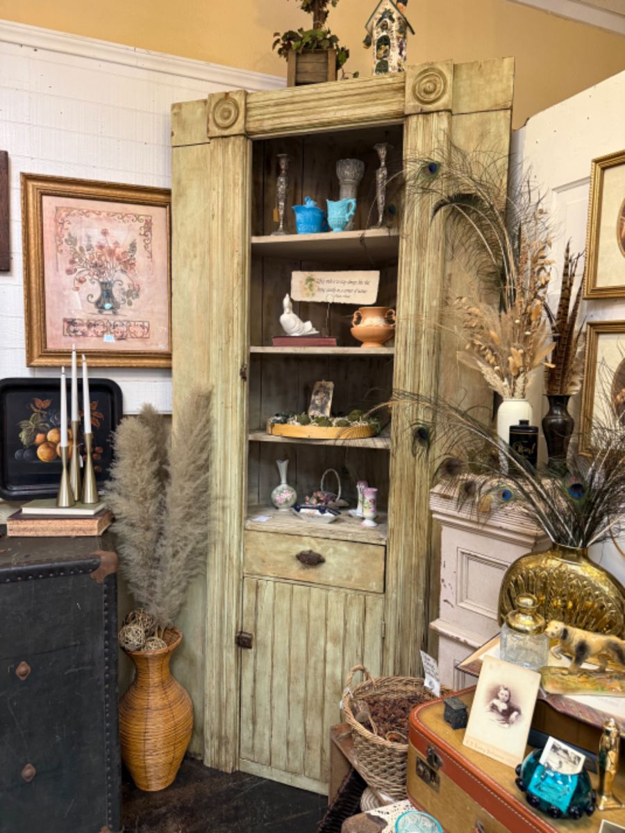 Vintage Farmhouse Corner Cabinet, brass vase, toll painted tray, brass candlesticks, pottery and more.