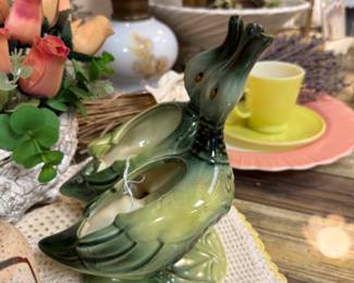 Vintage Hull green duck planter, florals, cups and saucers and antique lamps.