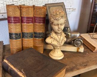 Vintage Dickens books, decor and book ends.
