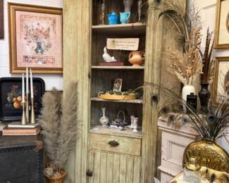 Vintage Farmhouse Corner Cabinet, brass vase, toll painted tray, brass candlesticks, pottery and more.