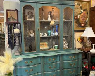 Gorgeous chalk-painted1960s French Provencial hutch - great for china but also beautifully lit from inside to showcase any collection.