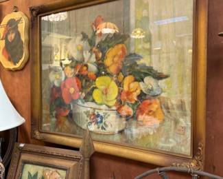 Vintage Reproduction print in beautiful vintage frame with carved scroll corners. Lots of art of all kinds.