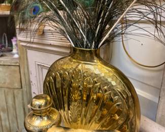 Vintage brass planter, dog figurine, other brass items.