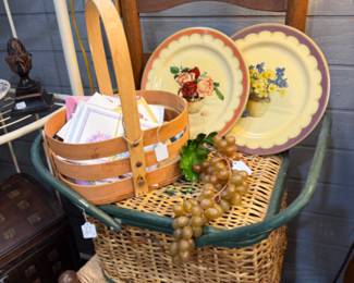 Woven picnic basket, dishes, stationary and vintage woven chair.