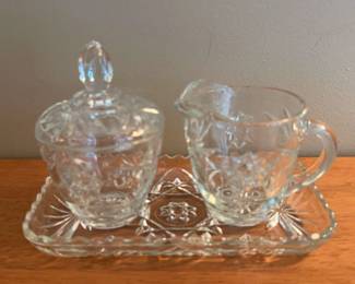 Clear Glass Creamer, Sugar Bowl with Lid, Tray