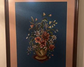 Framed Fiber Art Flowers in Vase on Blue Background
