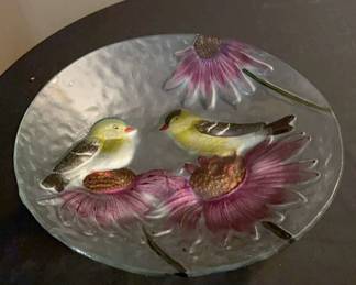 Glass Birdbath Birds Flowers Scene