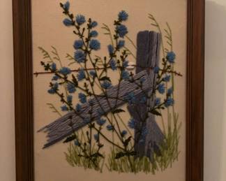 04 Fiber Art Framed Chickory Flowers Fence