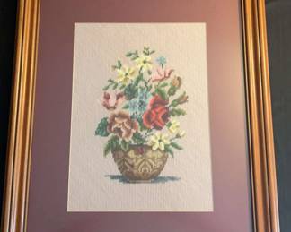 Framed Fiber Art Flowers in Vase on Light Background