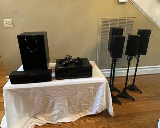 Onkyo 5.1 surround sound system. Hooks up to all other player components, multi channel capabilities, and excellent speakers and subwoofer. All the speaker wire is included to be able to run in a large room. Your own personal audio experience can be customized on the remote as well.