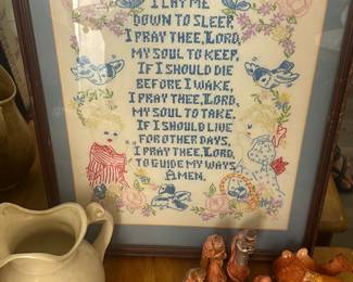 Vintage framed cross-stitch "Now I Lay Me" prayer