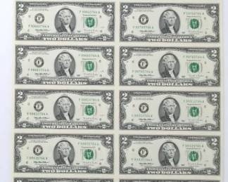 Uncut Sheet Of 1995 US Two Dollar Bills
