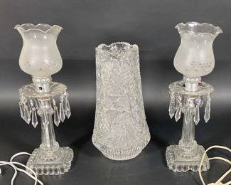 Vintage Cut Crystal Vase Plus Two Glass Lamps