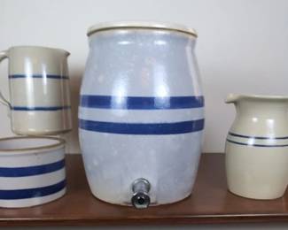 Three Gallon Crock Water Cooler With Blue White Striped Stoneware.
