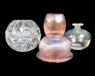 Fentons Robert Barber Signed Vase, Duncan And Sons Rose Bowl and Pink Tumble Up Decanter.