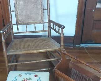 Vintage Rocking Chair, Footstool, and Magazine Rack