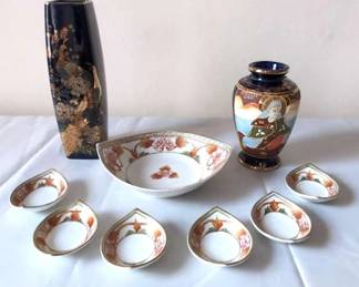 Japanese Satsuma Urn With Asian Porcelain Vase and Oval Dishes