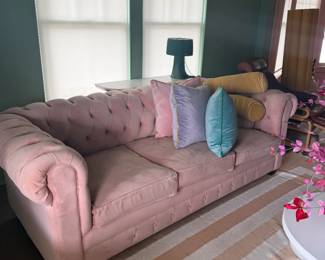 Pink Velvet Joybird sleeper couch. The bed is comfortable too!