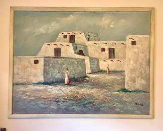 Original Mescal Southwest Pueblo Desert Landscape Heavens 24 x 36 Oil Painting.