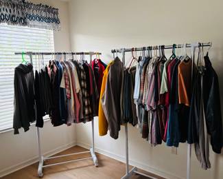Men's clothing. Two racks compared to last week's ladies clothing sale with 23 racks.