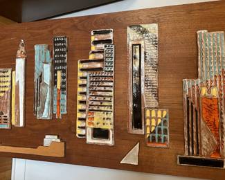 Mid-century modern ceramic sculpture by Harris G Strong, New York City skyline on Walnut