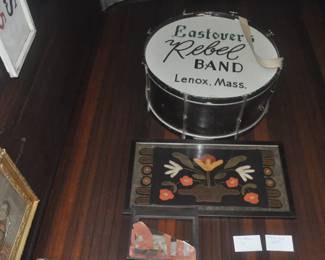 Bass drum from the Eastover resort, circa 1950s or 60s, framed appliqué felt rug
