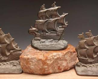 Vintage Bronze Ship Bookends, Spanish Galleon