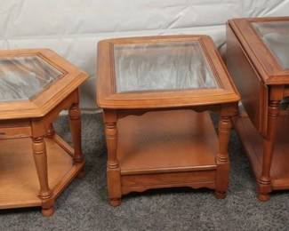 Three Glass-Top Wooden End Tables